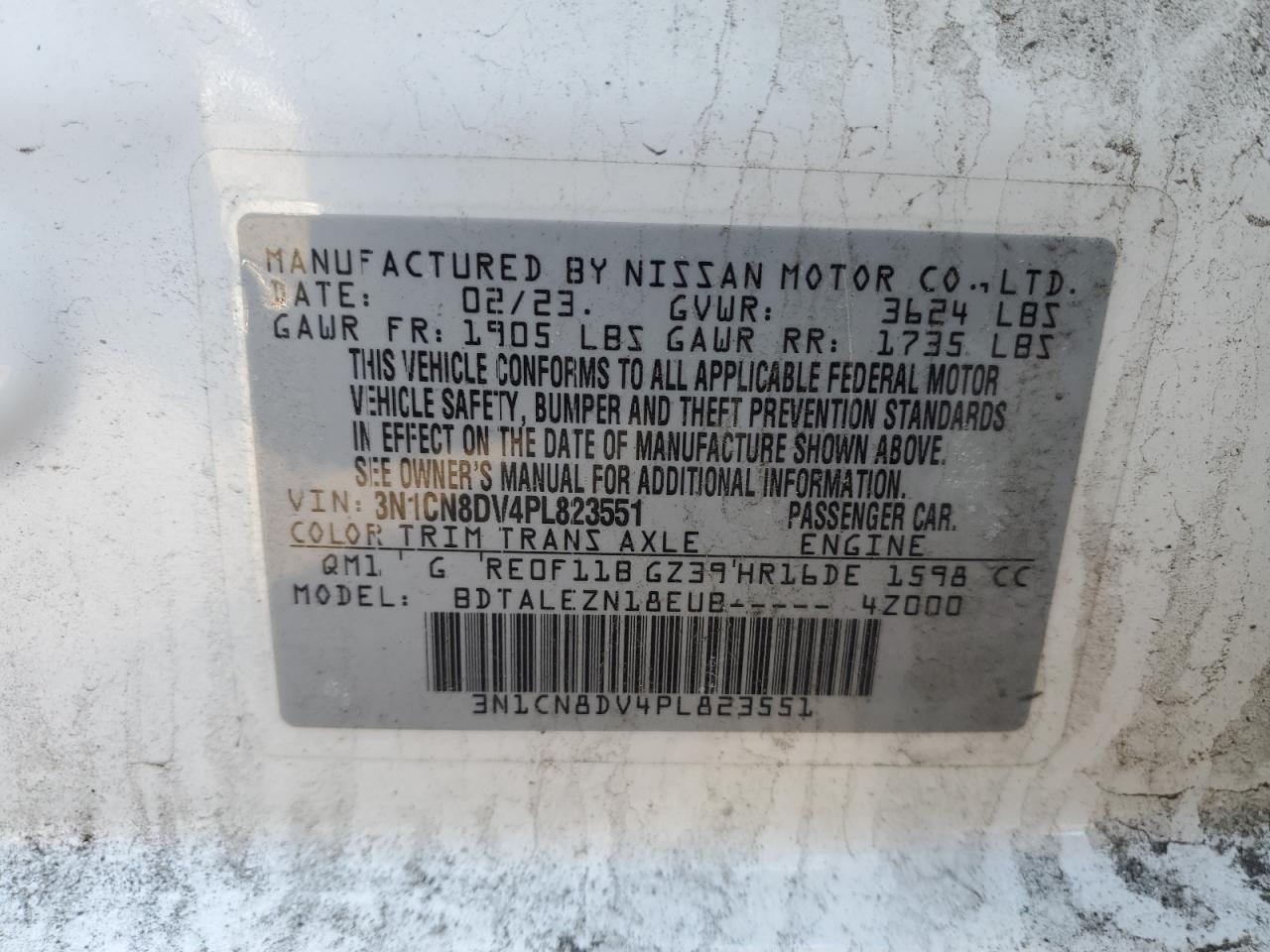 2023 NISSAN VERSA S VIN:3N1CN8DV4PL823551