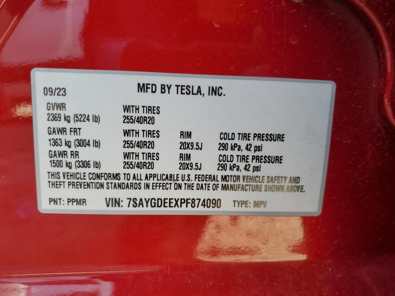 2023 TESLA MODEL Y VIN:7SAYGDEEXPF874090