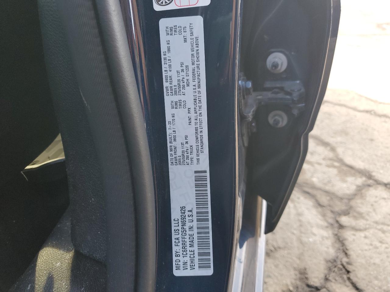 2023 RAM 1500 BIG HORN/LONE STAR VIN:1C6RRFFG5PN692426