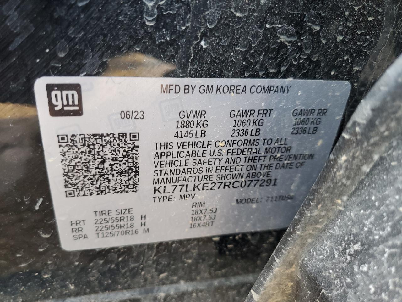 2024 CHEVROLET TRAX ACTIV VIN:KL77LKE27RC077291