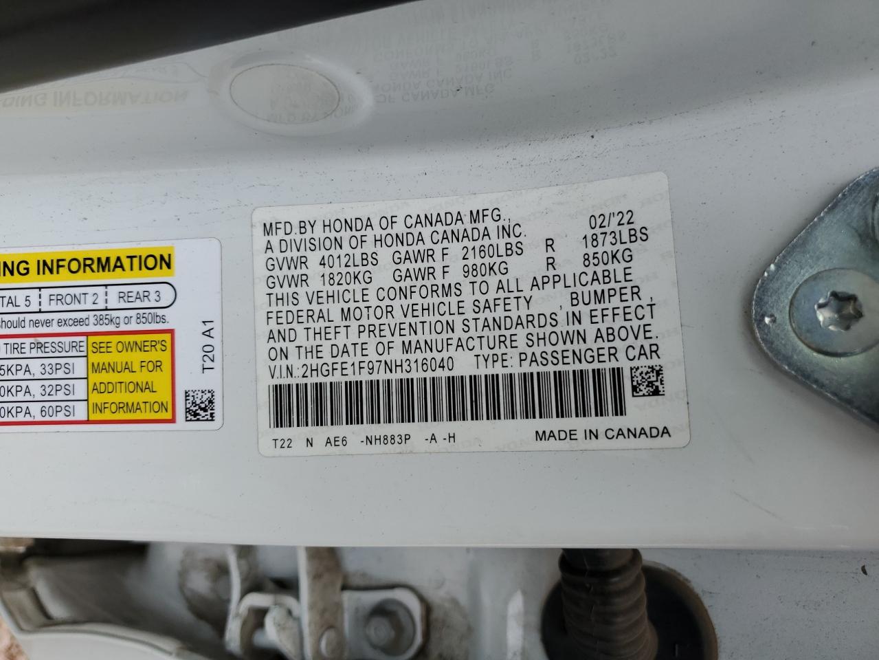 2022 HONDA CIVIC TOURING VIN:2HGFE1F97NH316040