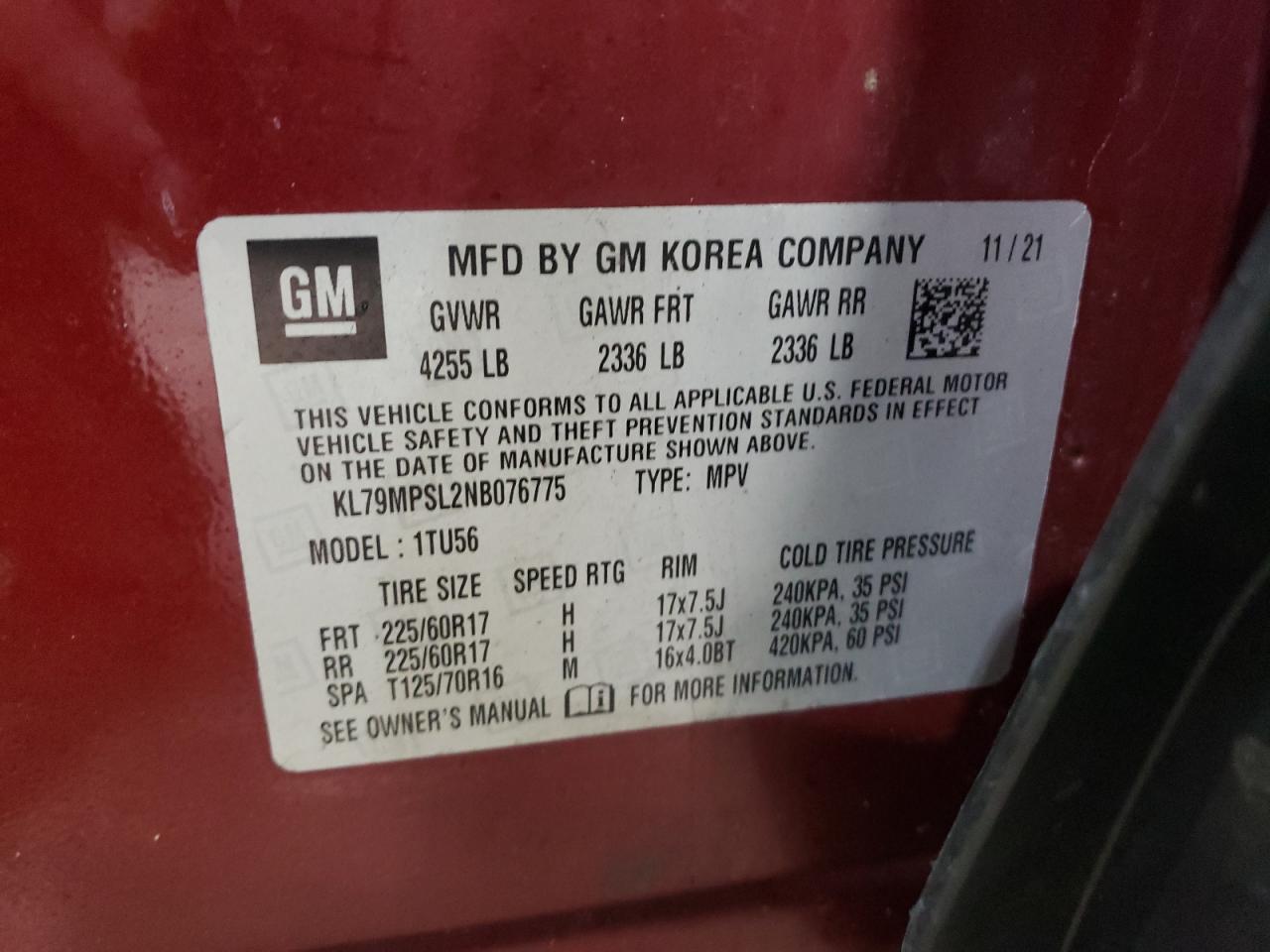 2022 CHEVROLET TRAILBLAZER LT VIN:KL79MPSL2NB076775