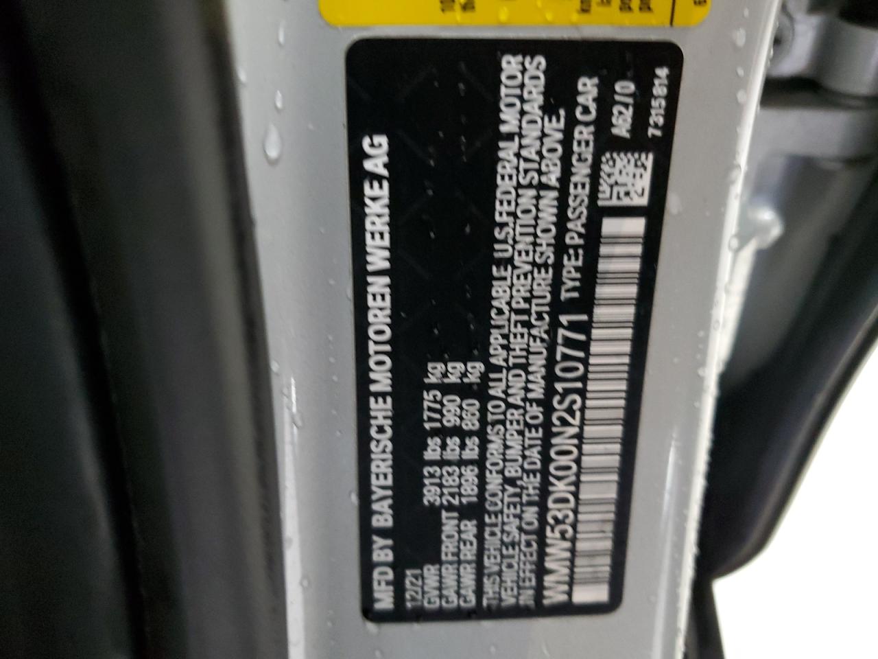 2022 MINI COOPER S VIN:WMW53DK00N2S10771