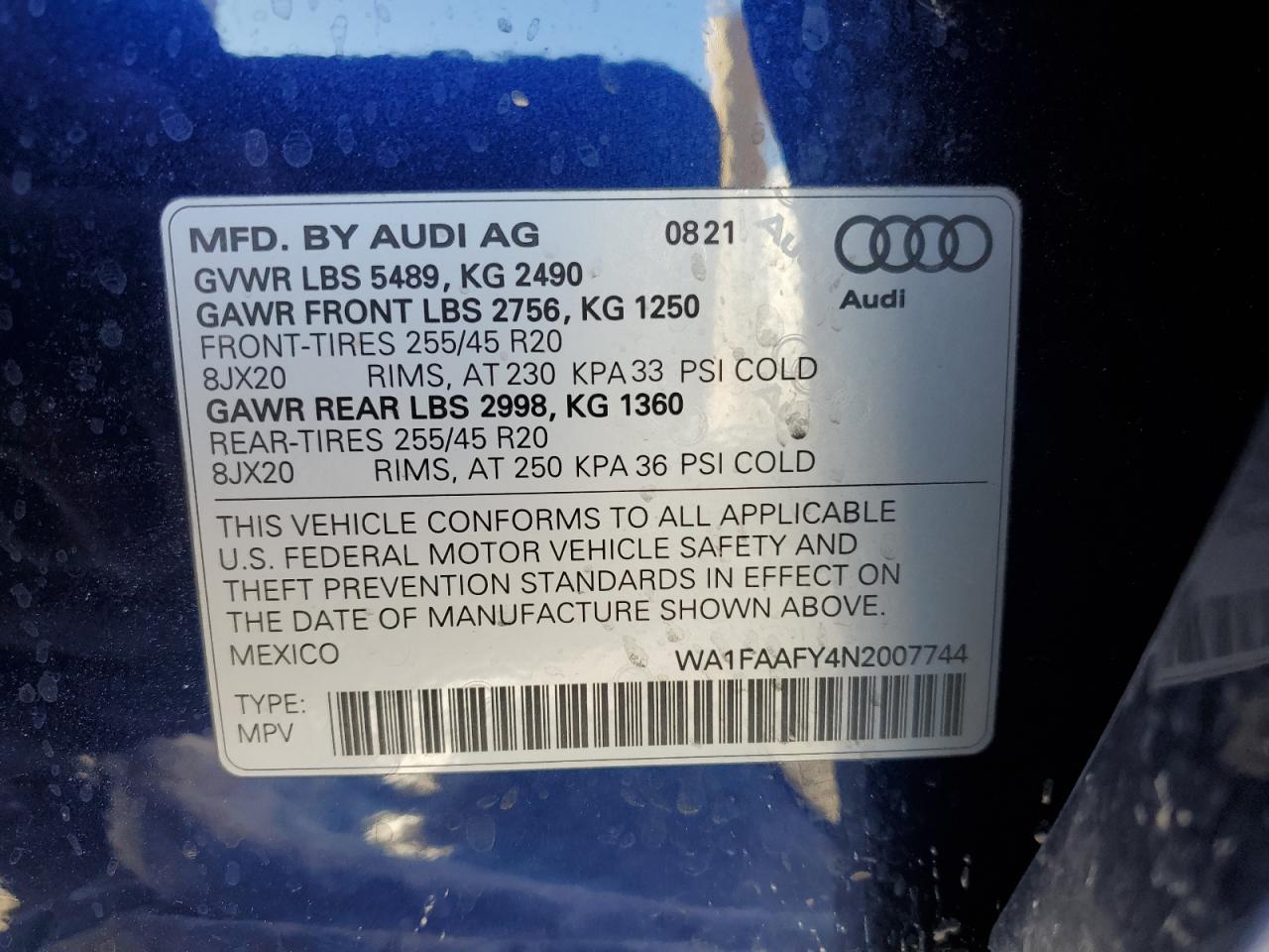 2022 AUDI Q5 PRESTIGE 45 VIN:WA1FAAFY4N2007744