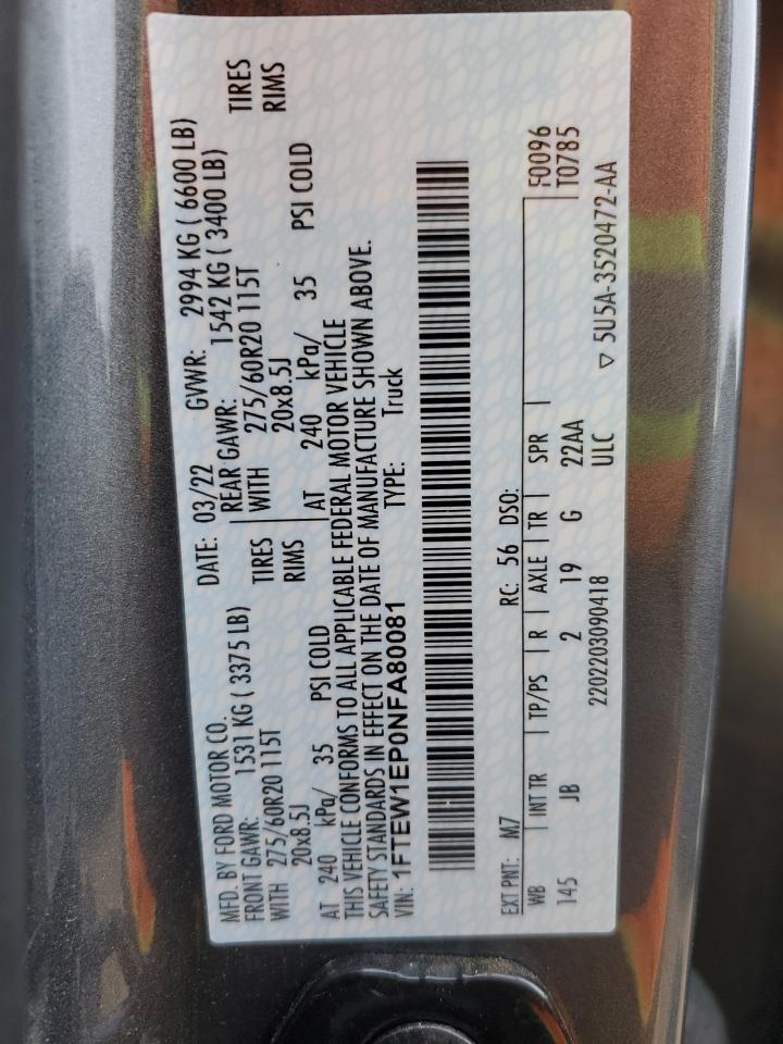 2022 FORD F150 SUPERCREW VIN:1FTEW1EP0NFA80081