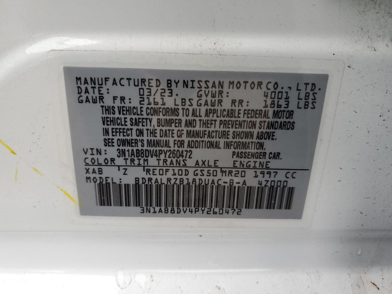 2023 NISSAN SENTRA SR VIN:3N1AB8DV4PY260472