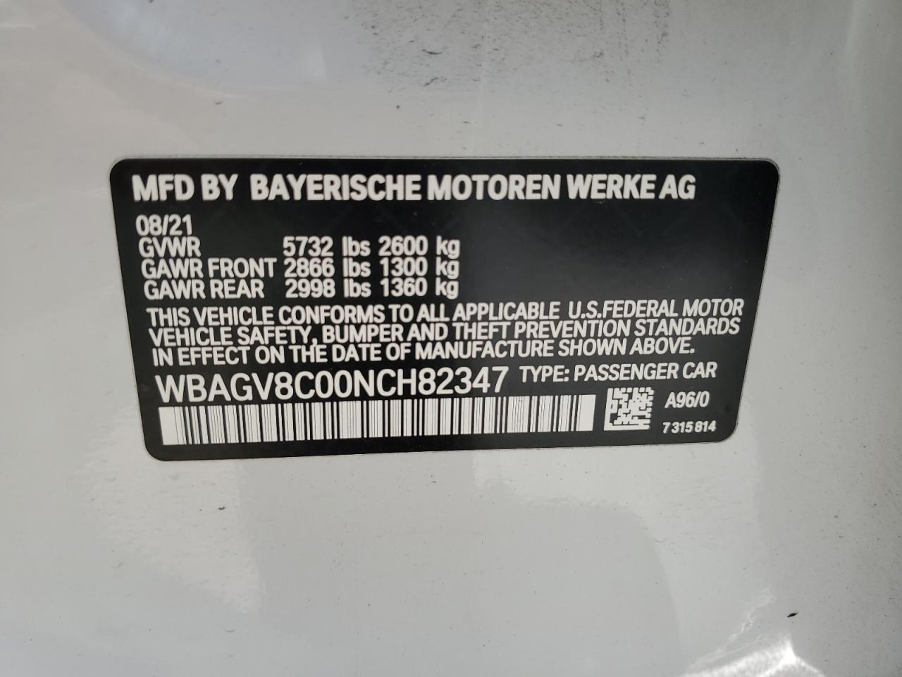 2022 BMW M850XI VIN:WBAGV8C00NCH82347