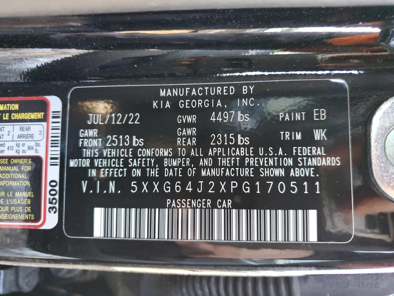 2023 KIA K5 GT LINE VIN:5XXG64J2XPG170511