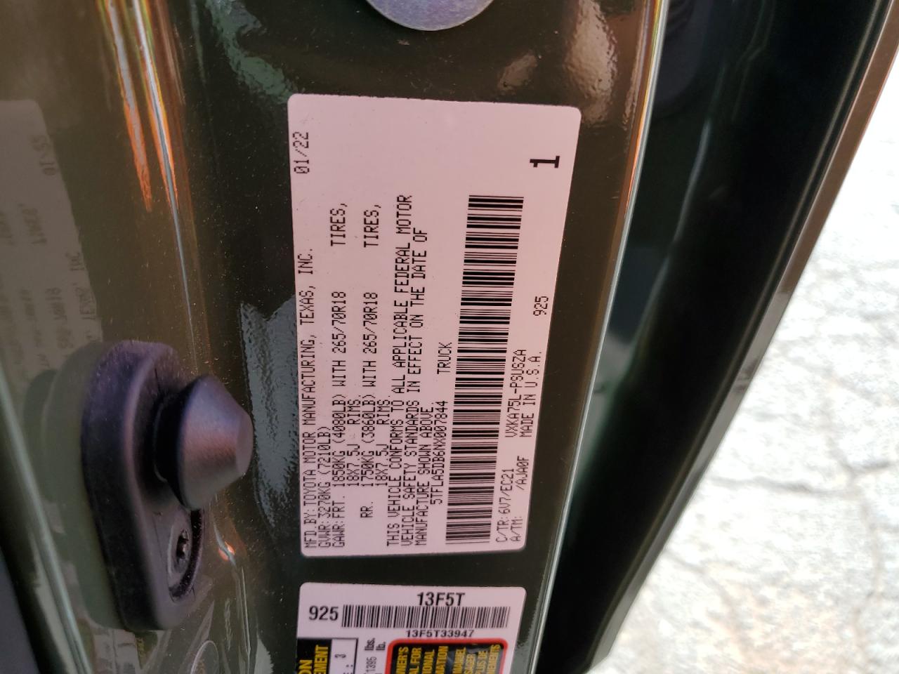 2022 TOYOTA TUNDRA CREWMAX SR VIN:5TFLA5DB6NX007844