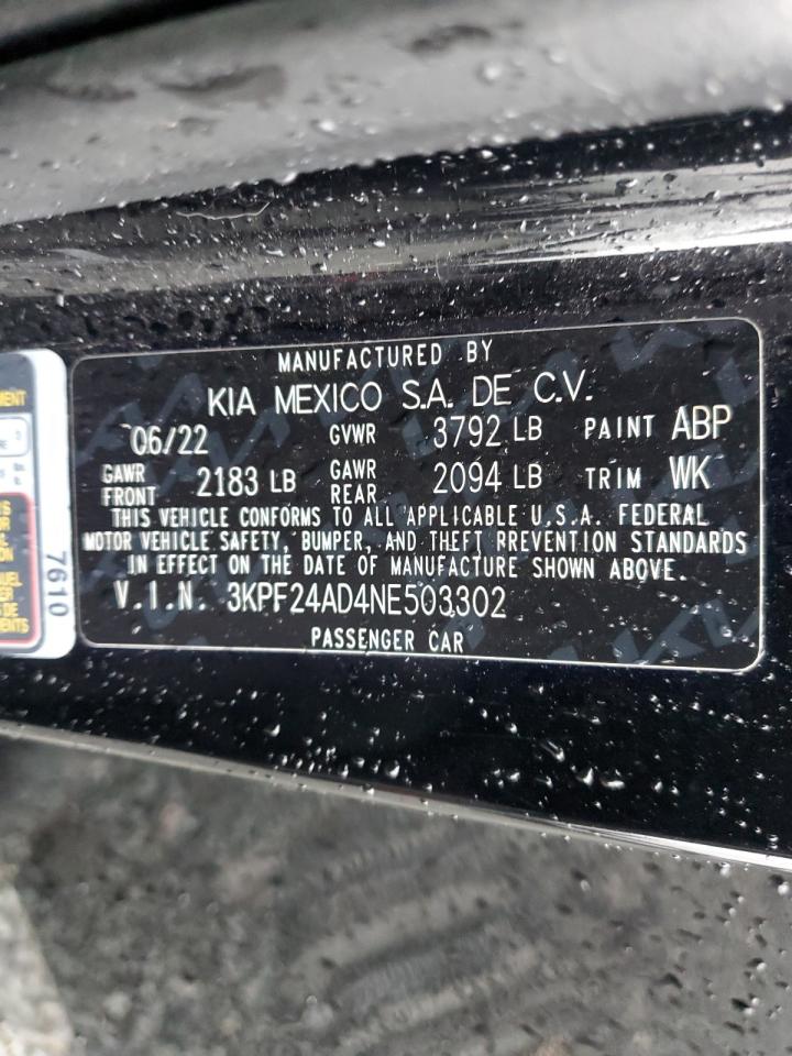 2022 KIA FORTE FE VIN:3KPF24AD4NE503302
