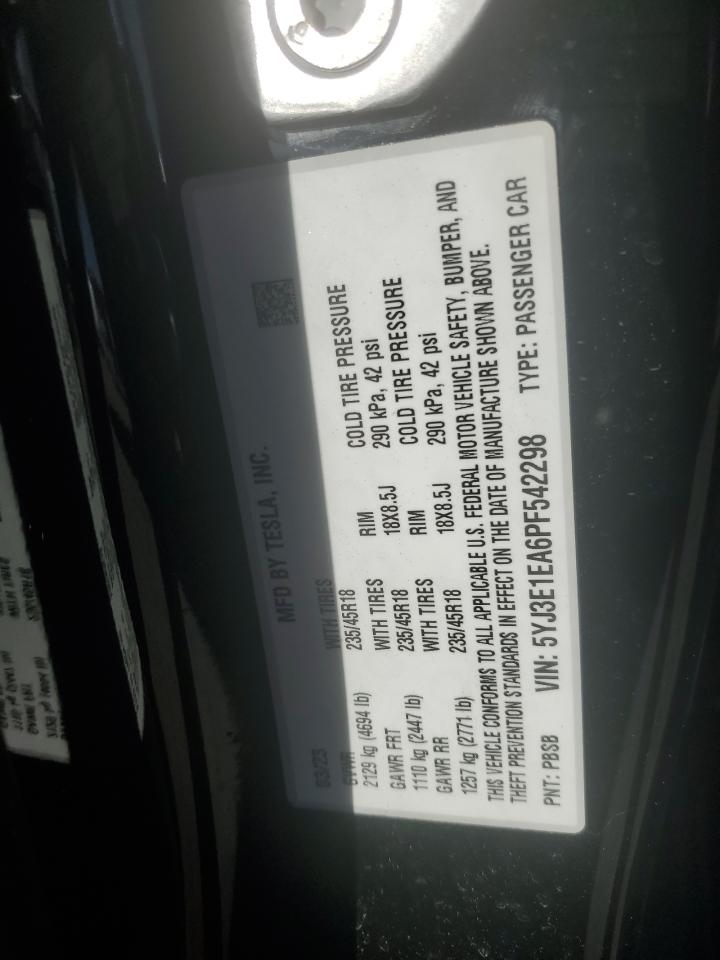 2023 TESLA MODEL 3 VIN:5YJ3E1EA6PF542298