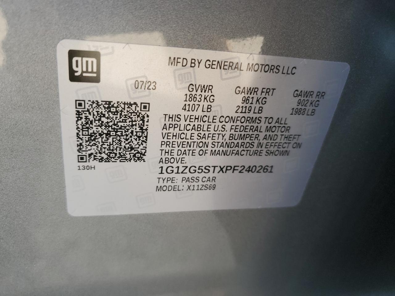 2023 CHEVROLET MALIBU RS VIN:1G1ZG5STXPF240261