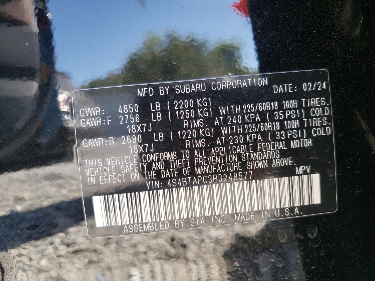 2024 SUBARU OUTBACK TOURING VIN:4S4BTAPC3R3248577