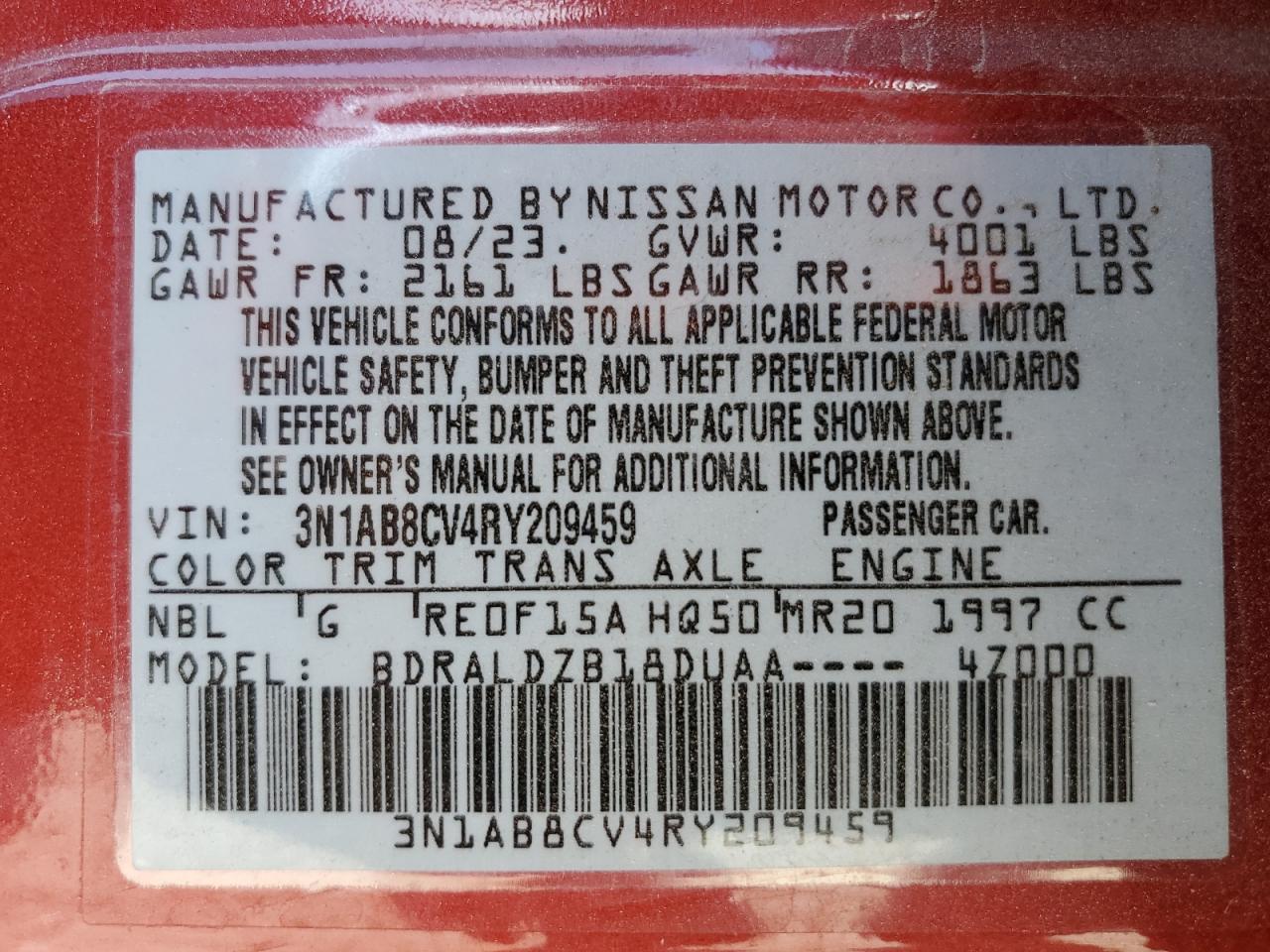 2024 NISSAN SENTRA SV VIN:3N1AB8CV4RY209459