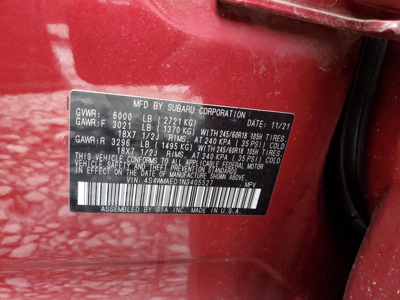 2022 SUBARU ASCENT PREMIUM VIN:4S4WMAED1N3405527