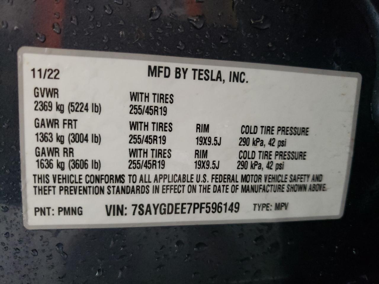 2023 TESLA MODEL Y VIN:7SAYGDEE7PF596149