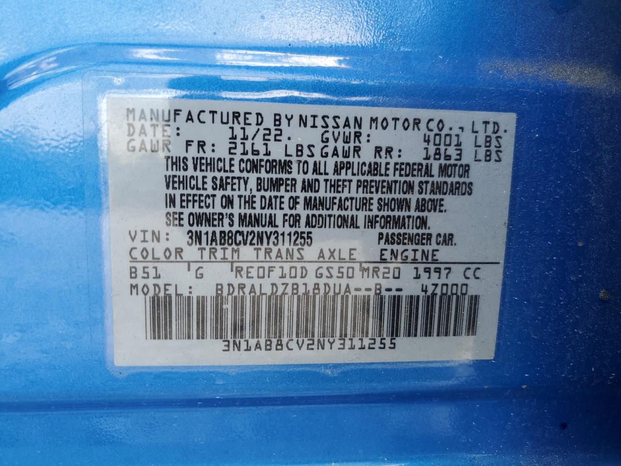 2022 NISSAN SENTRA SV VIN:3N1AB8CV2NY311255