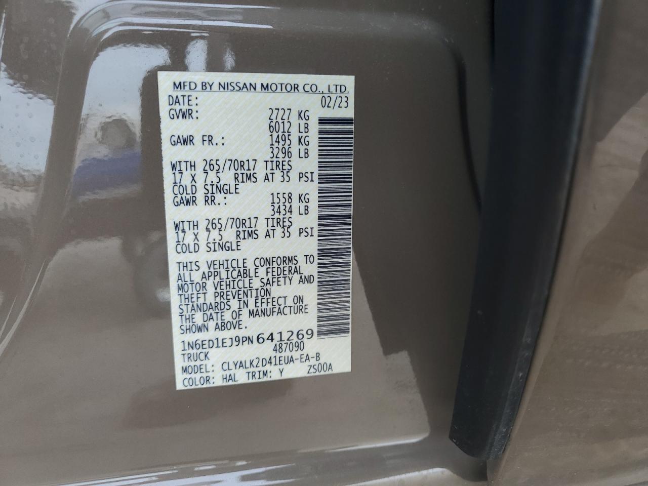 2023 NISSAN FRONTIER S VIN:1N6ED1EJ9PN641269