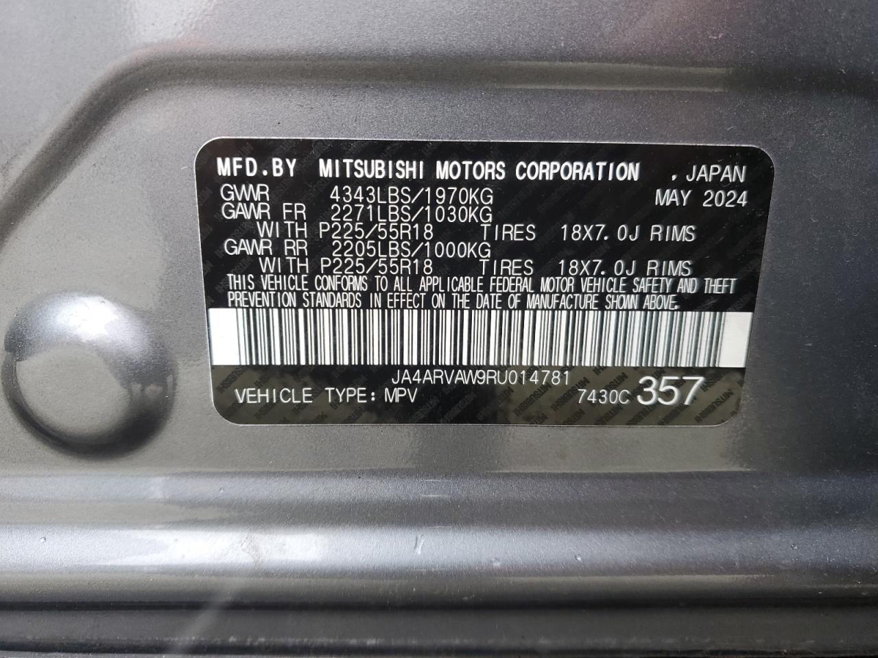 2024 MITSUBISHI OUTLANDER SPORT SEL VIN:JA4ARVAW9RU014781