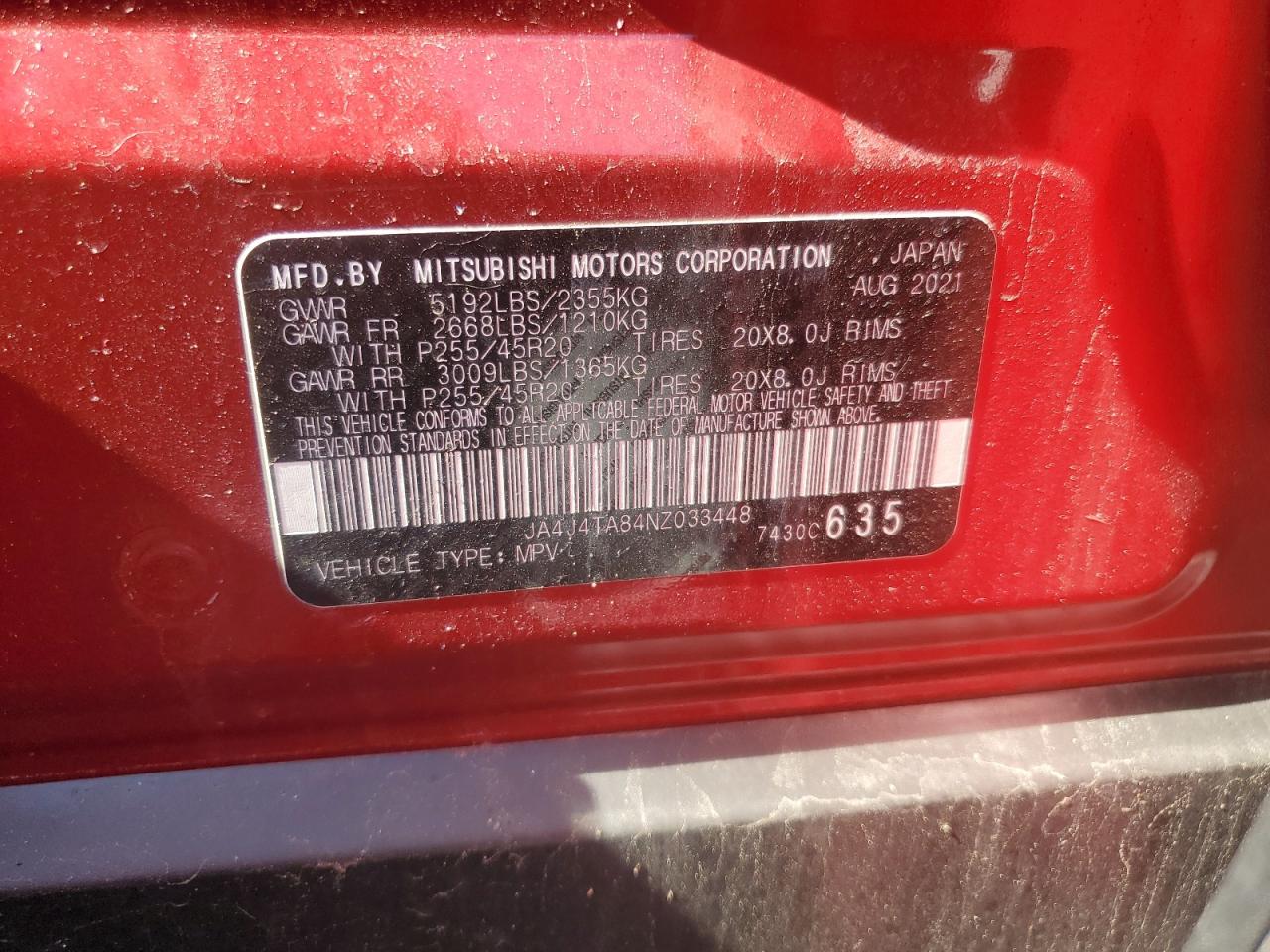 2022 MITSUBISHI OUTLANDER ES VIN:JA4J4TA84NZ033448