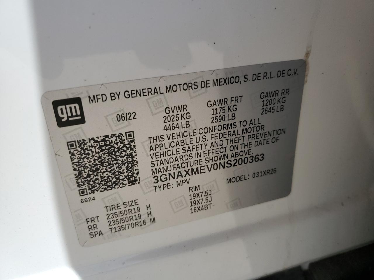 2022 CHEVROLET EQUINOX RS VIN:3GNAXMEV0NS200363