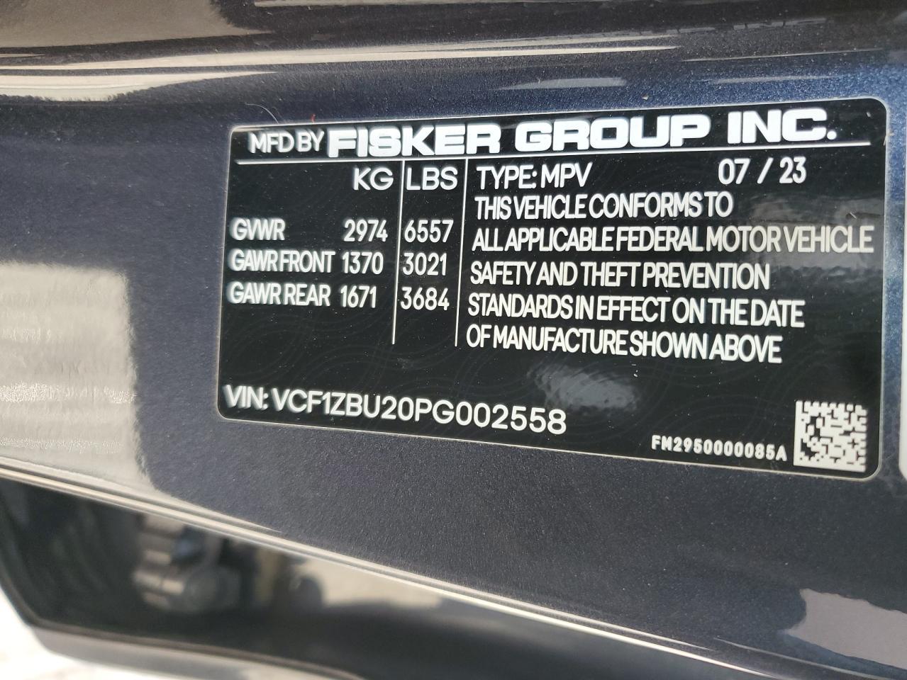 2023 FISKER INC. OCEAN OCEAN ONE VIN:VCF1ZBU20PG002558