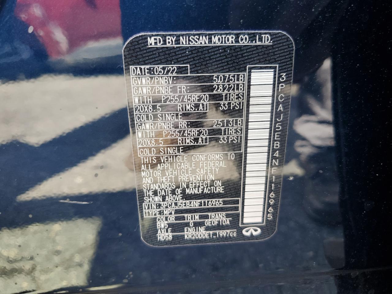 2022 INFINITI QX50 SENSORY VIN:3PCAJ5EB4NF116965