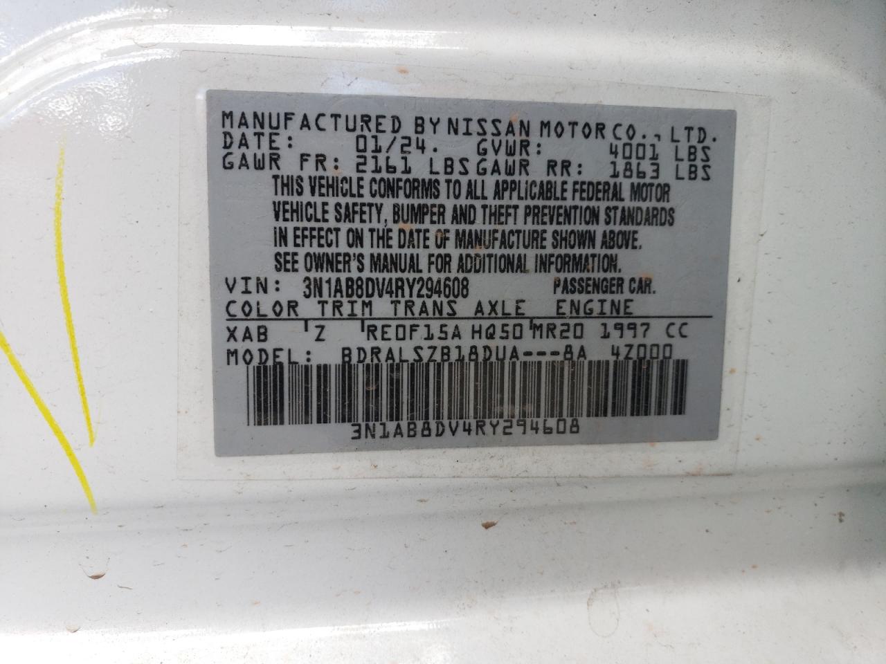 2024 NISSAN SENTRA SR VIN:3N1AB8DV4RY294608