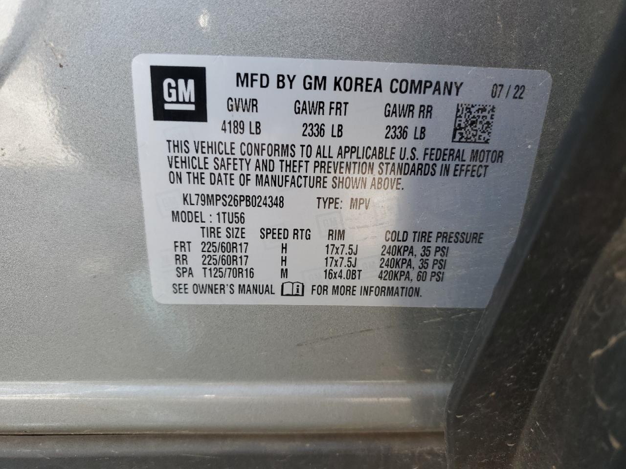 2023 CHEVROLET TRAILBLAZER LT VIN:KL79MPS26PB024348