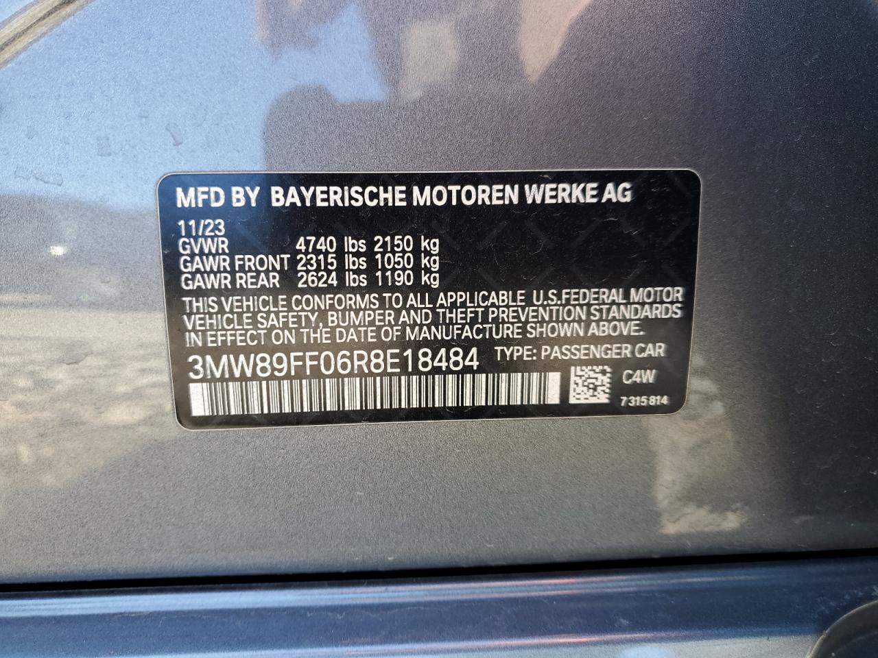 2024 BMW 330XI VIN:3MW89FF06R8E18484