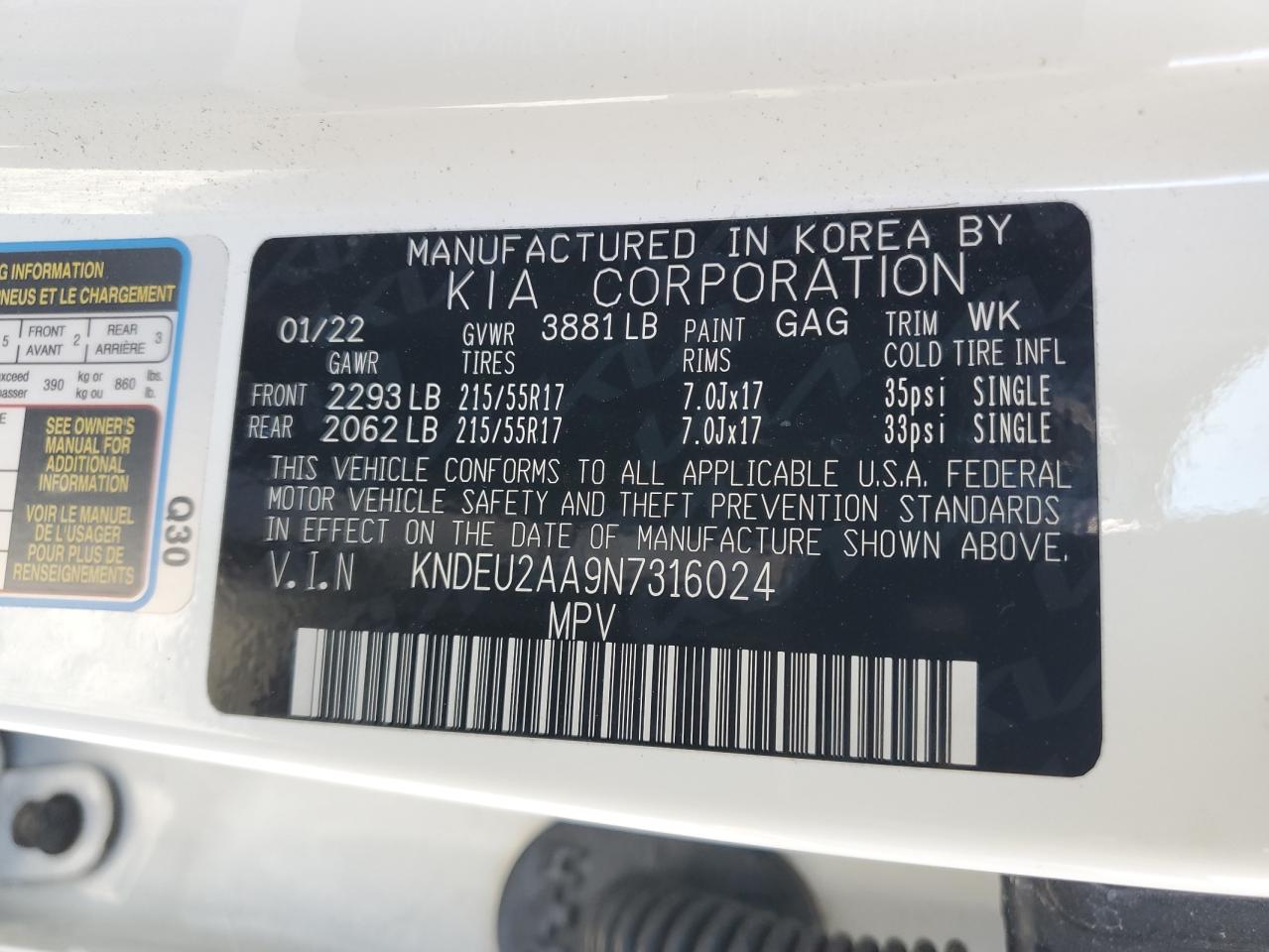 2022 KIA SELTOS S VIN:KNDEU2AA9N7316024