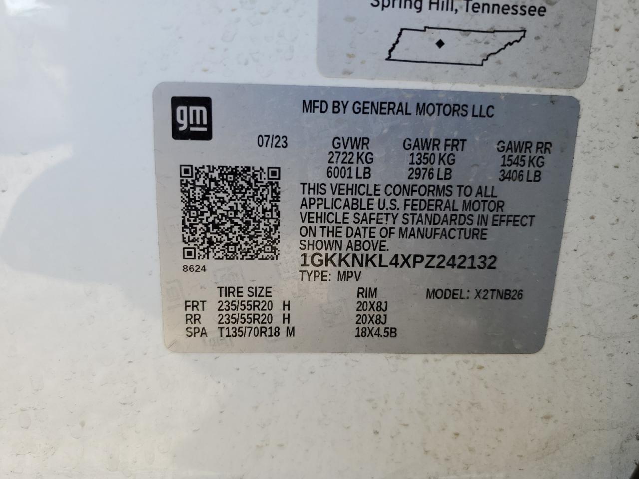 2023 GMC ACADIA SLE VIN:1GKKNKL4XPZ242132