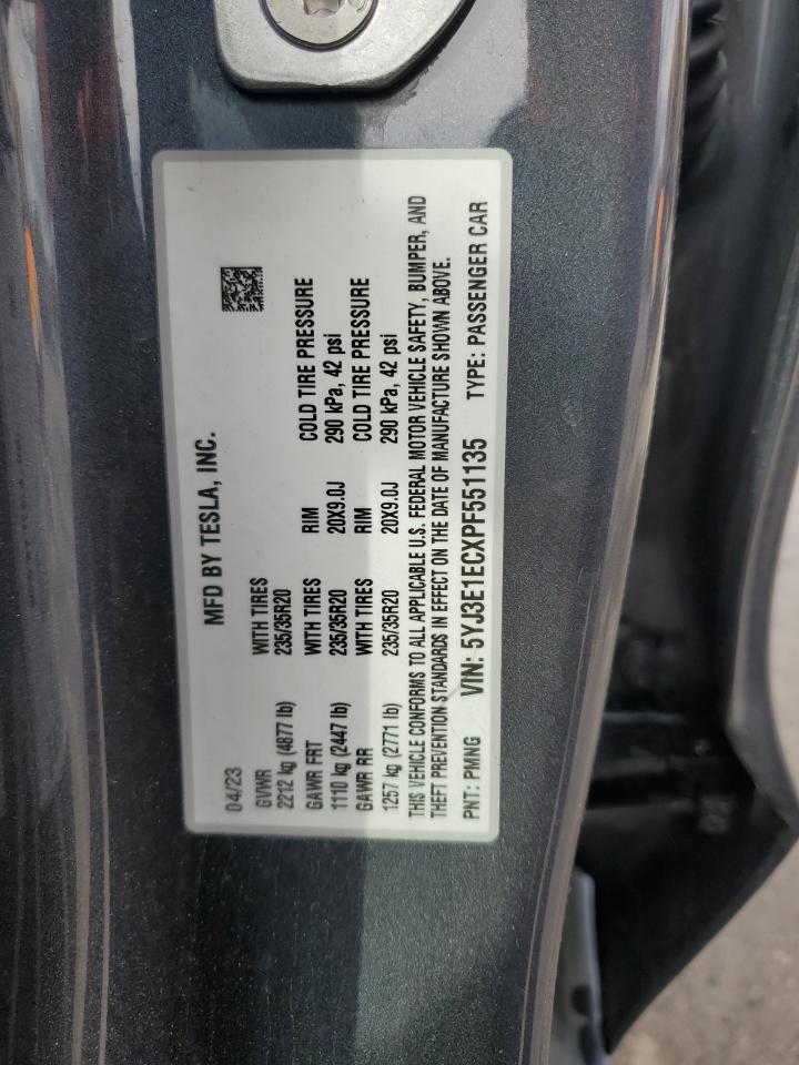 2023 TESLA MODEL 3 VIN:5YJ3E1ECXPF551135