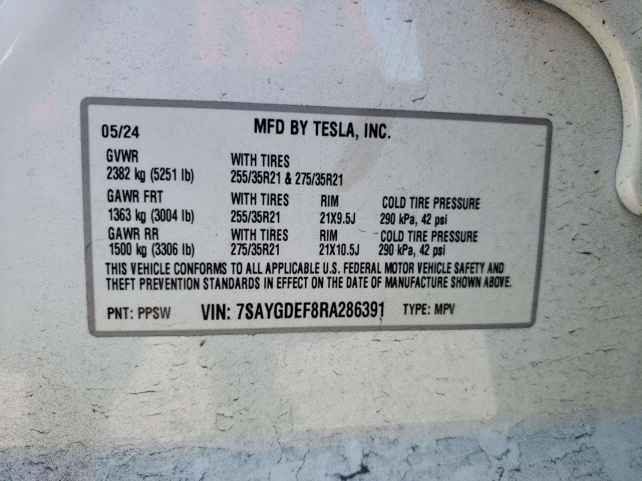 2024 TESLA MODEL Y VIN:7SAYGDEF8RA286391