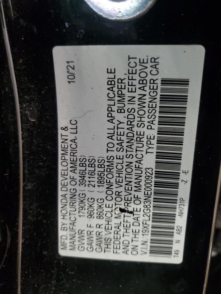 2022 HONDA CIVIC SPORT VIN:19XFL2G83NE000923