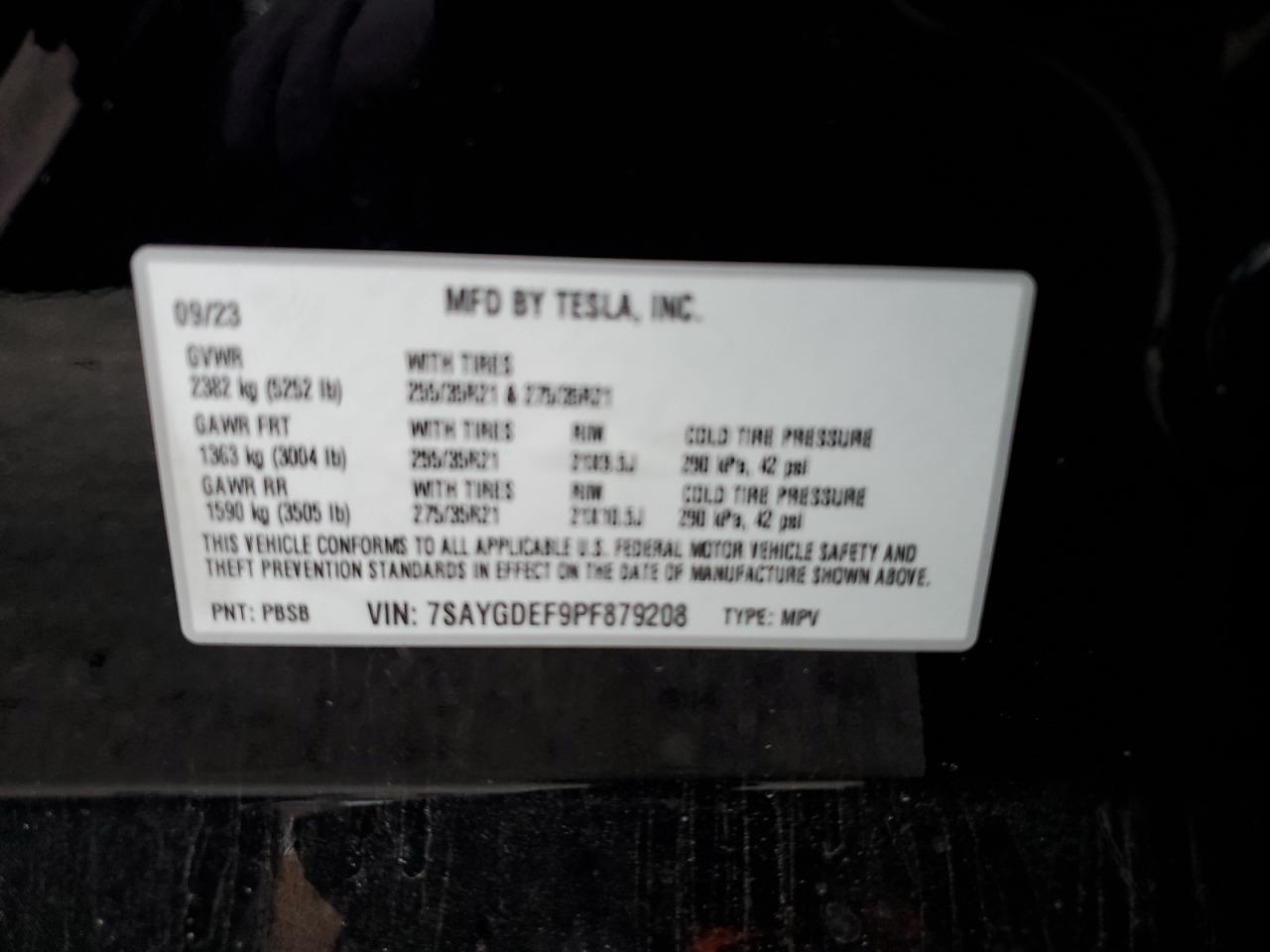 2023 TESLA MODEL Y VIN:7SAYGDEF9PF879208