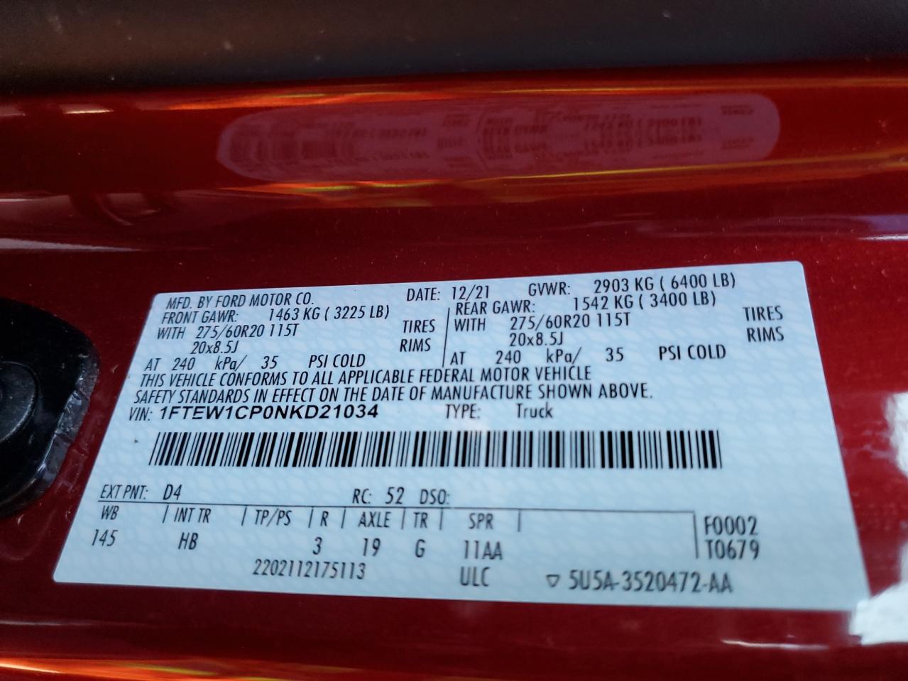 2022 FORD F150 SUPERCREW VIN:1FTEW1CP0NKD21034