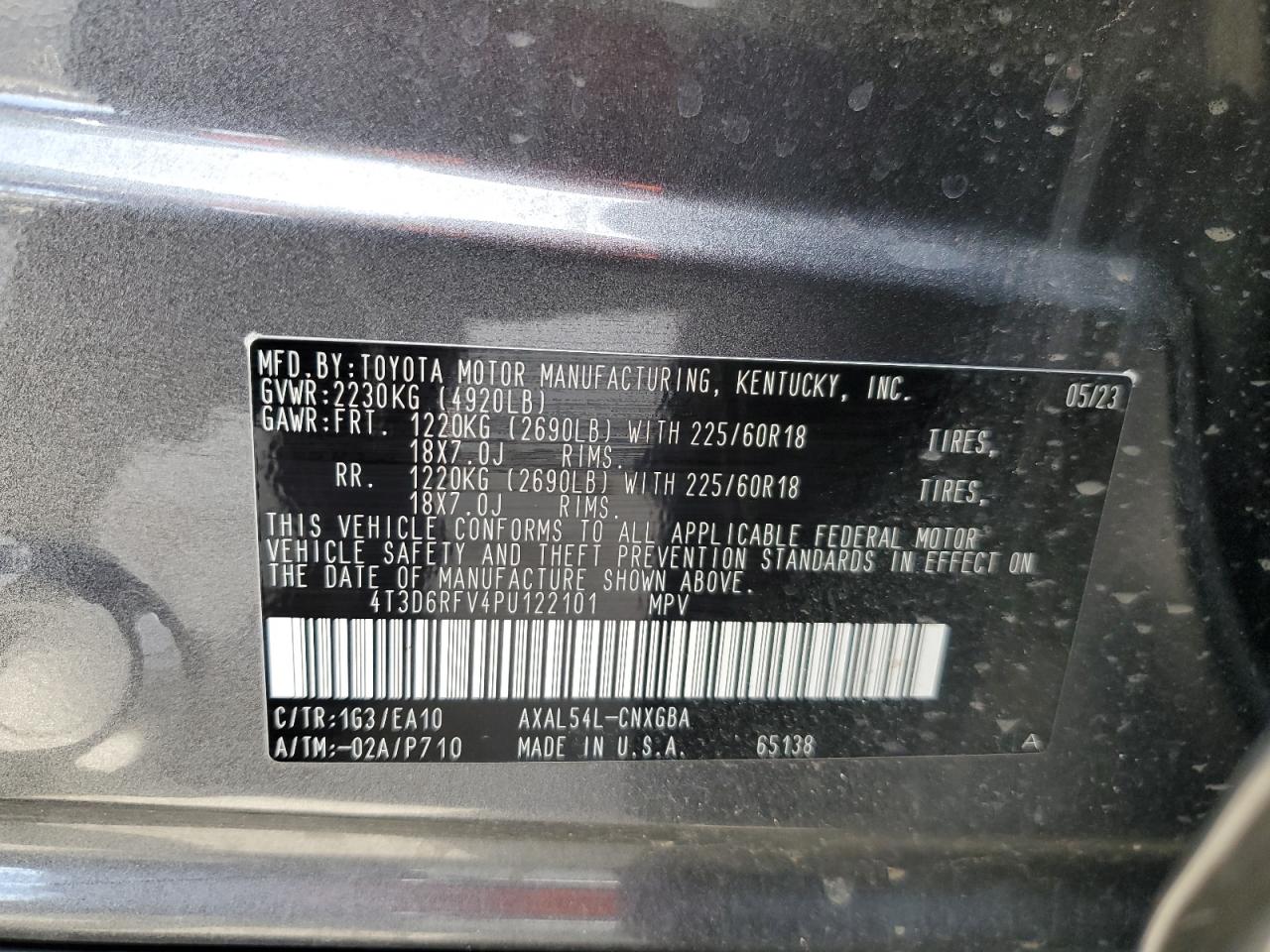 2023 TOYOTA RAV4 LIMITED VIN:4T3D6RFV4PU122101