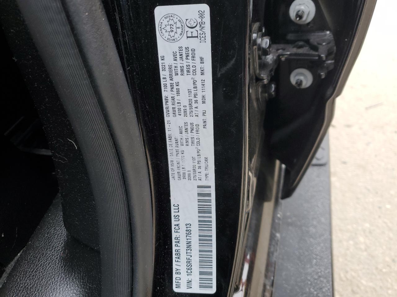 2022 RAM 1500 LARAMIE VIN:1C6SRFJT3NN176813