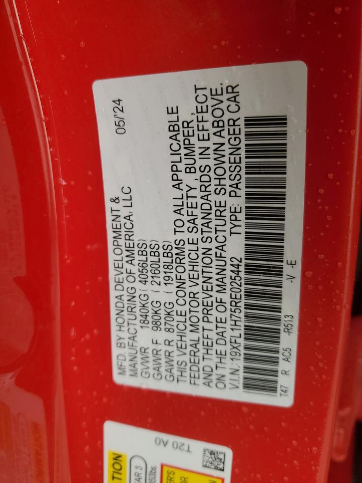 2024 HONDA CIVIC EXL VIN:19XFL1H75RE025442