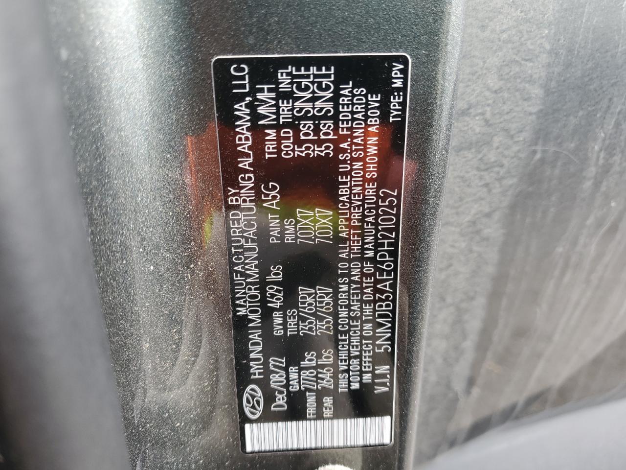 2023 HYUNDAI TUCSON SEL VIN:5NMJB3AE6PH210252