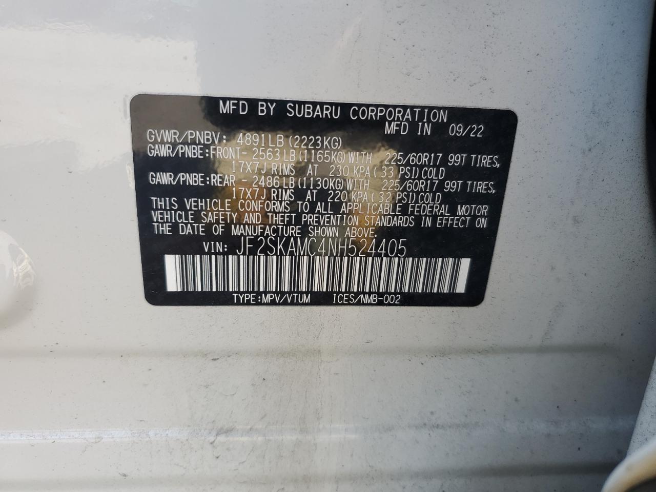 2022 SUBARU FORESTER WILDERNESS VIN:JF2SKAMC4NH524405