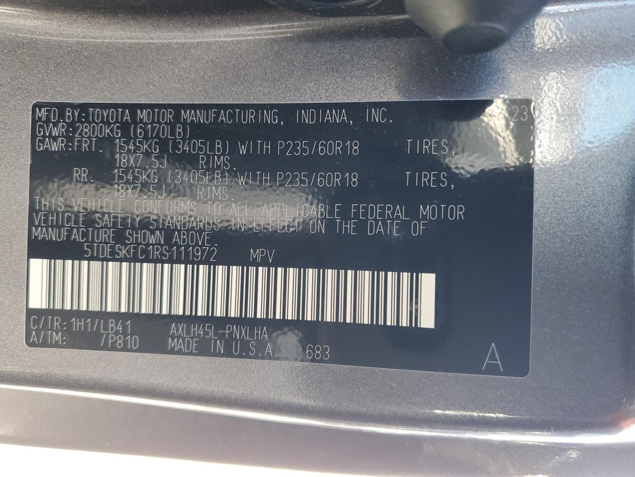 2024 TOYOTA SIENNA LIMITED VIN:5TDESKFC1RS111972