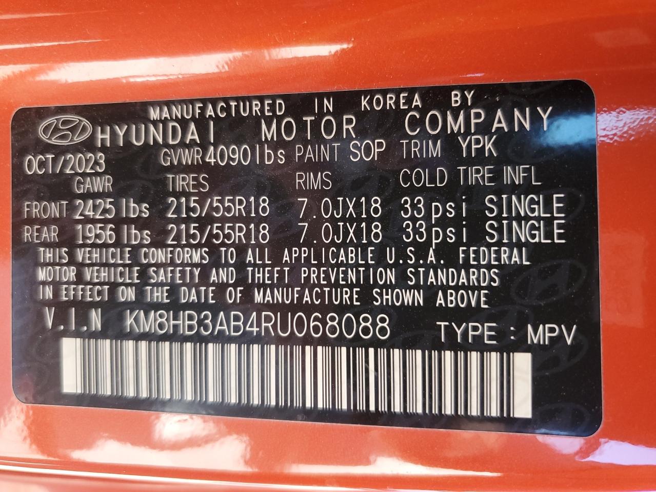 2024 HYUNDAI KONA SEL VIN:KM8HB3AB4RU068088