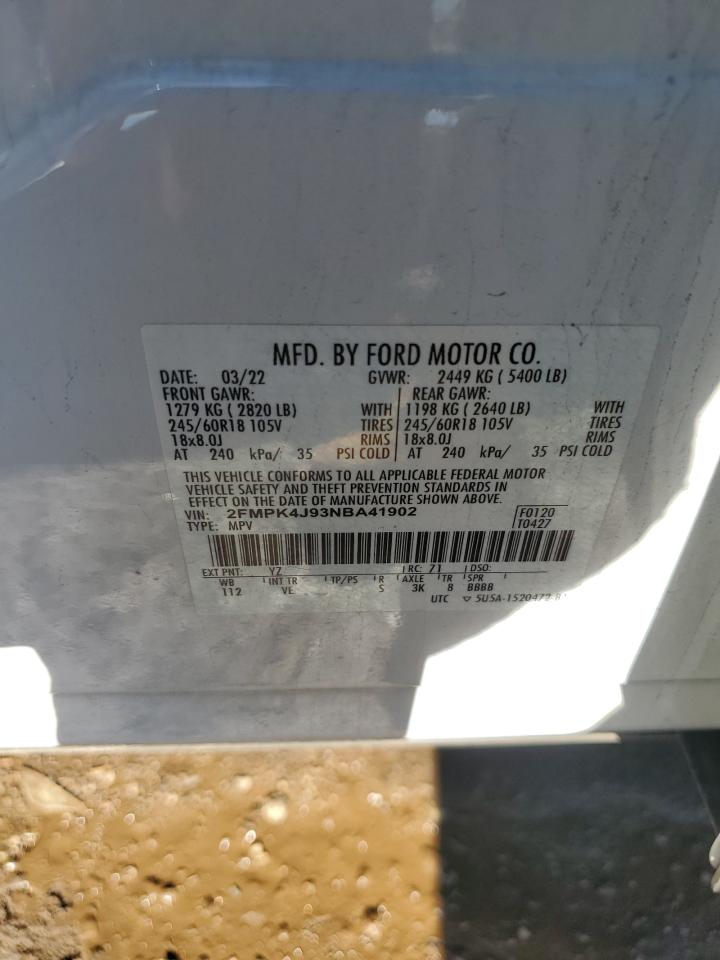 2022 FORD EDGE SEL VIN:2FMPK4J93NBA41902