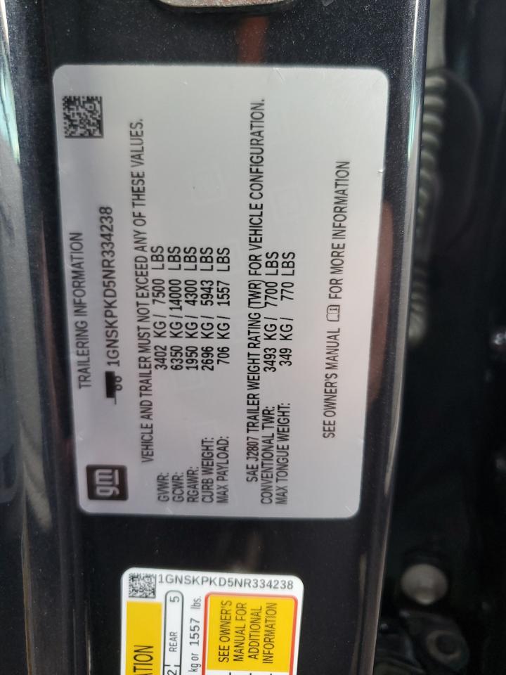 2022 CHEVROLET TAHOE K1500 Z71 VIN:1GNSKPKD5NR334238