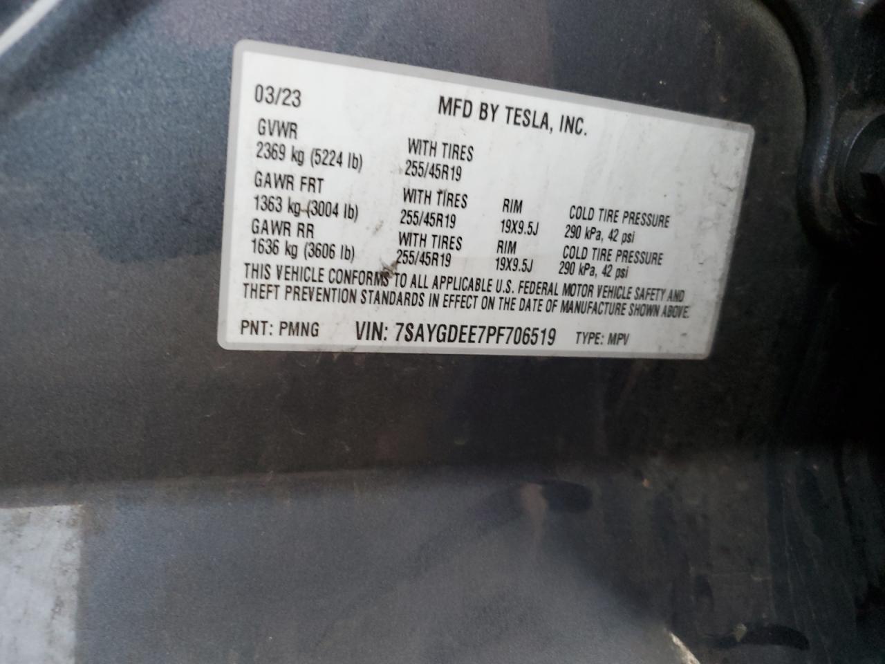 2023 TESLA MODEL Y VIN:7SAYGDEE7PF706519