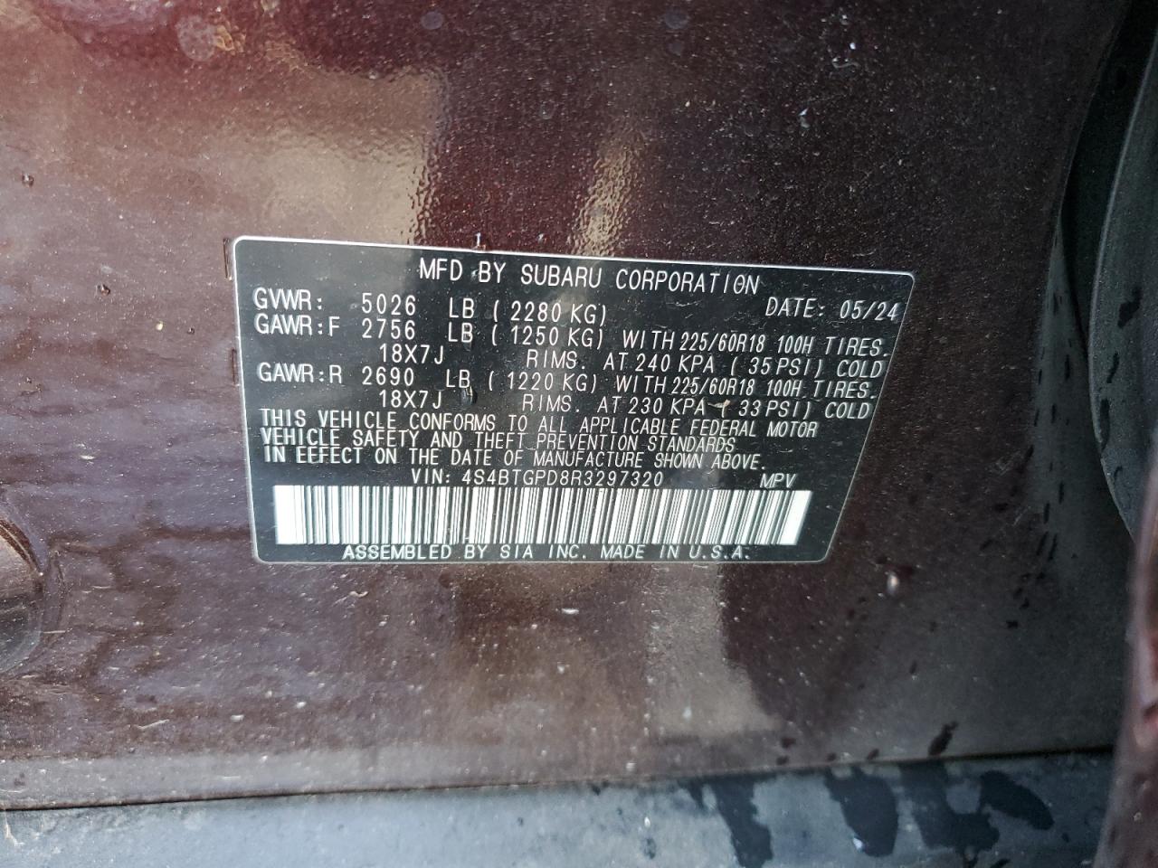 2024 SUBARU OUTBACK TOURING VIN:4S4BTGPD8R3297320