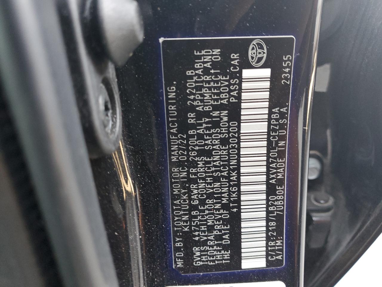 2022 TOYOTA CAMRY XSE VIN:4T1K61AK1NU030200