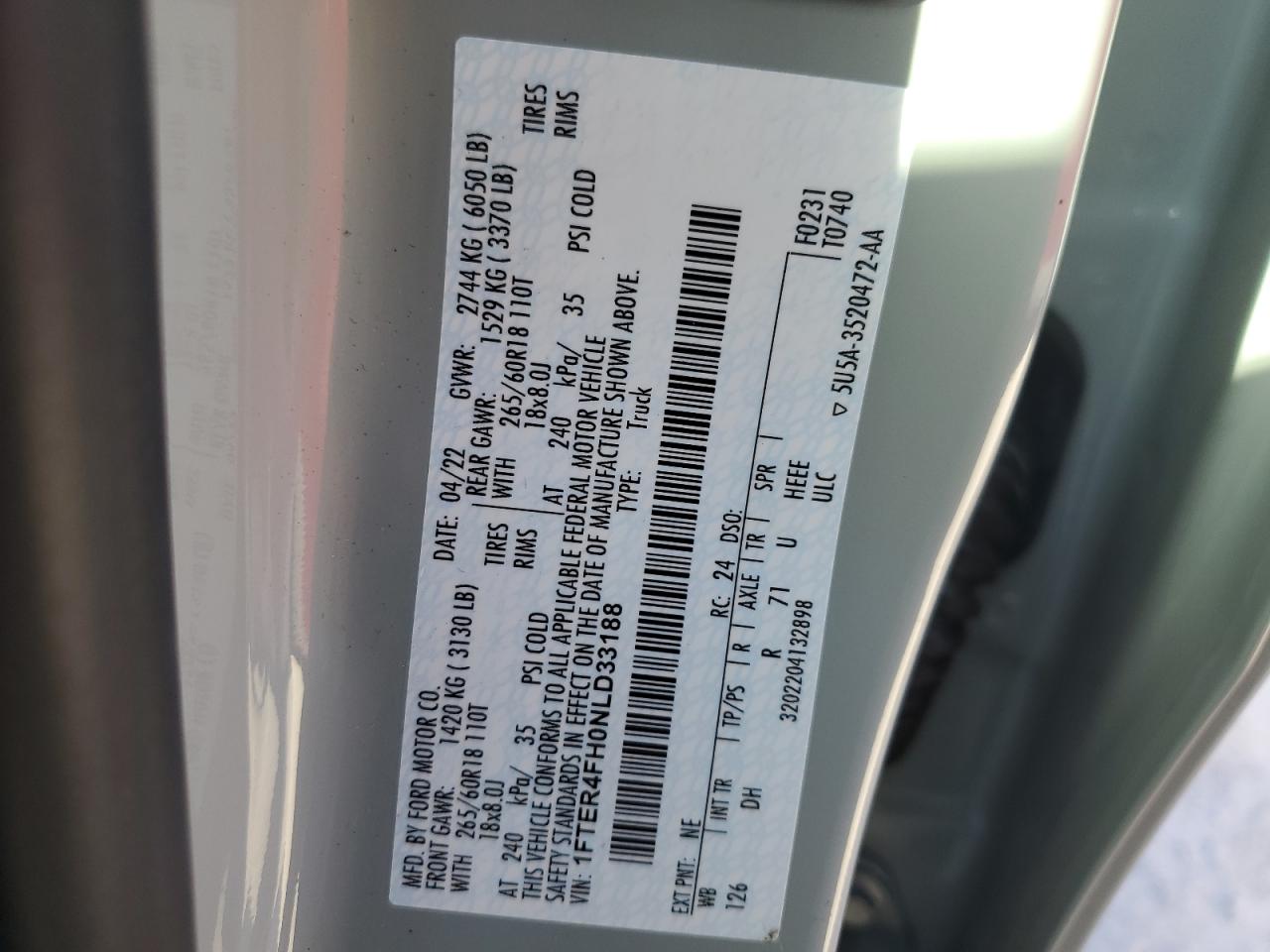 2022 FORD RANGER XL VIN:1FTER4FH0NLD33188